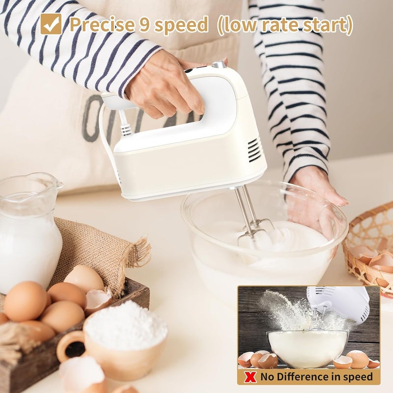 Yomelo 9-Speed Digital Hand Mixer Electric, 400W Powerful DC Motor, Hand Mixer Electric Handheld with Snap-On Storage Case, 5 Stainless Steel Accessories, Beaters, Dough Hooks, Whisk(Cream White) - Image 4